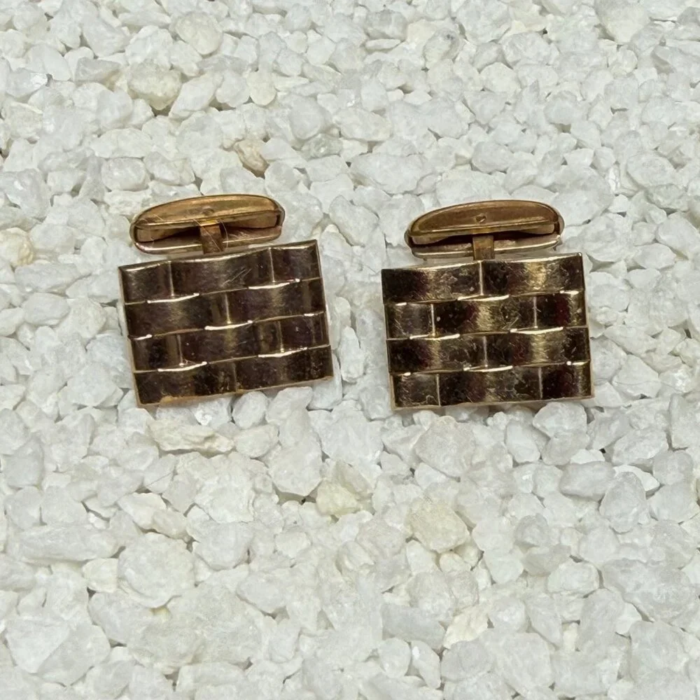 Vintage Gold-Tone Basket-Weave Rectangular Cufflinks Hickock